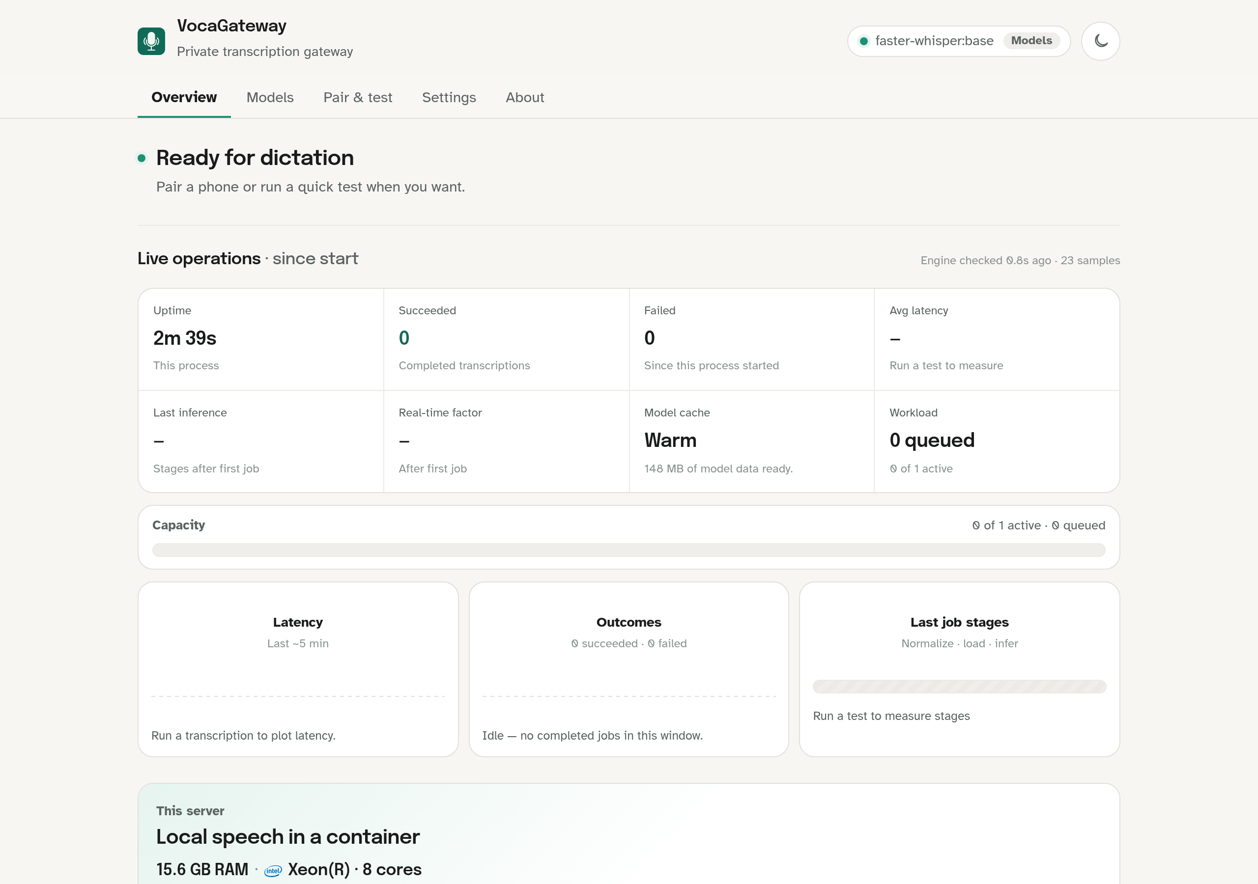 VocaGateway WebUI Overview. Ready for dictation.